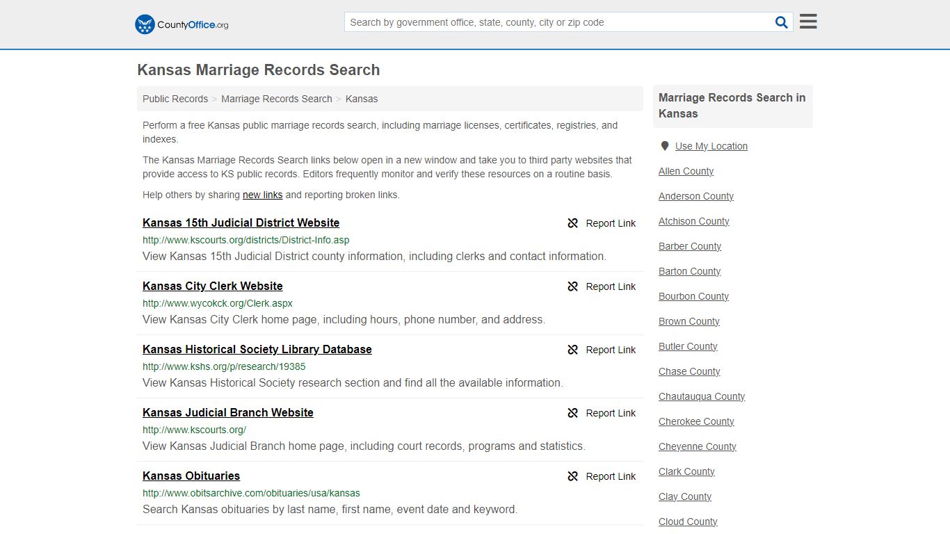 Kansas Marriage Records Search - County Office